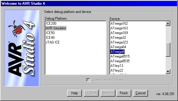 AVRStudio > Auswählen des AVR Typs